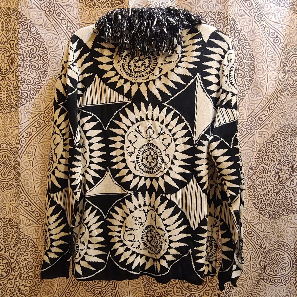 Chico's Cardigan Women Plus Size 3 Black Silk Cotton Sunburst Fringe Open Front - Picture 7 of 9
